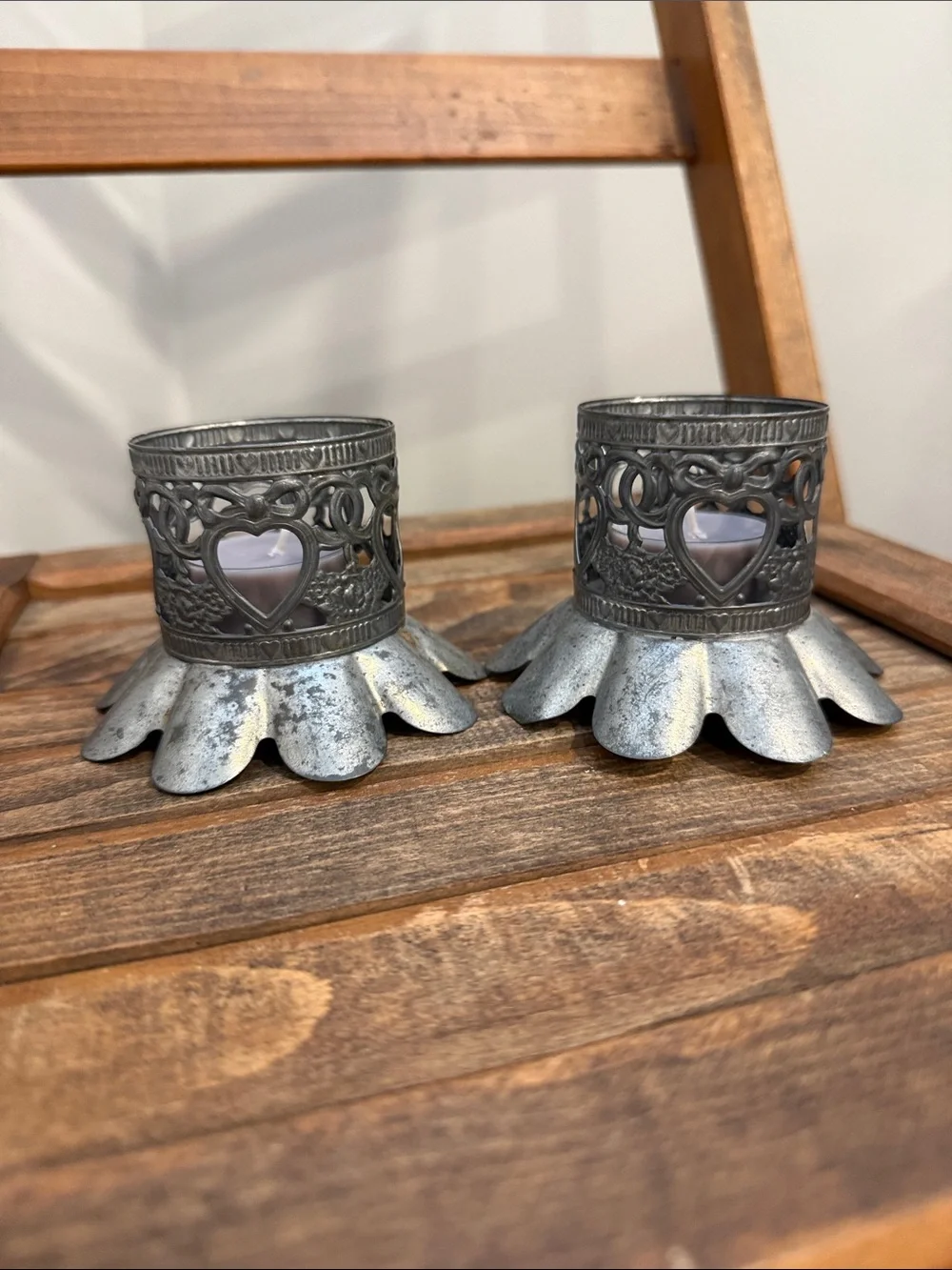 Vintage Metal Heart Candle Holders Pair Ornate Floral Romantic Decor Votive